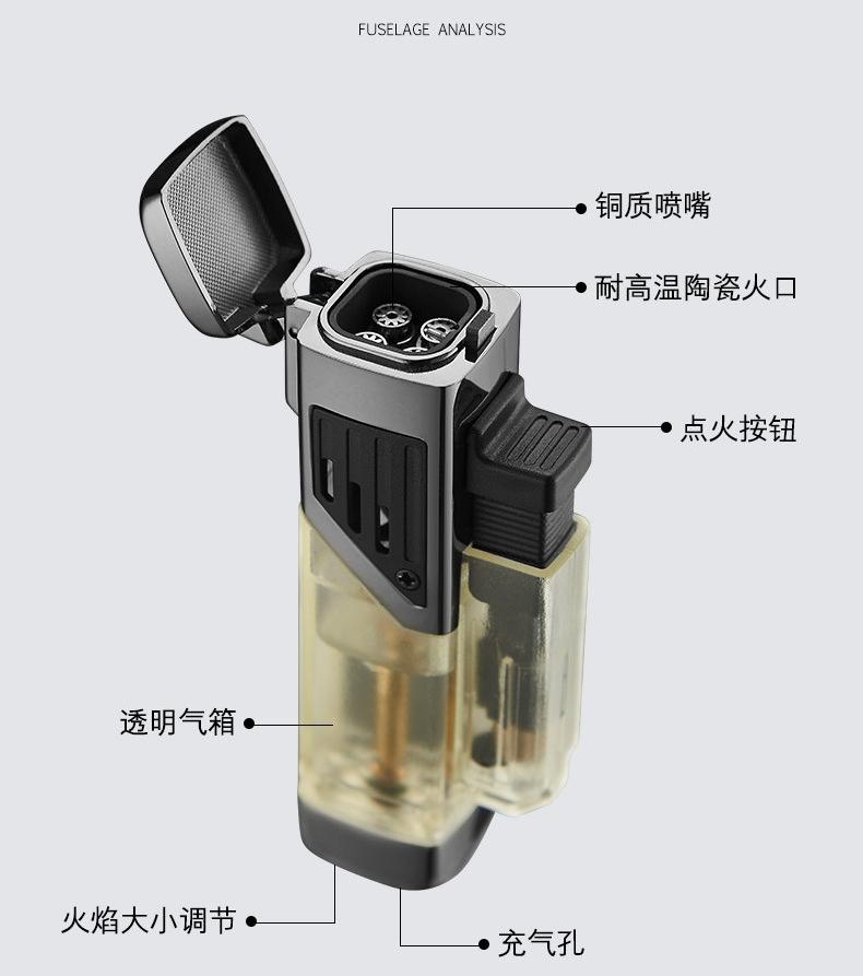 New Four Nozzle Visual Air Chamber Straight Forward Windproof and Waterproof Lighter Cigar Moxibustion Lighting Accessories