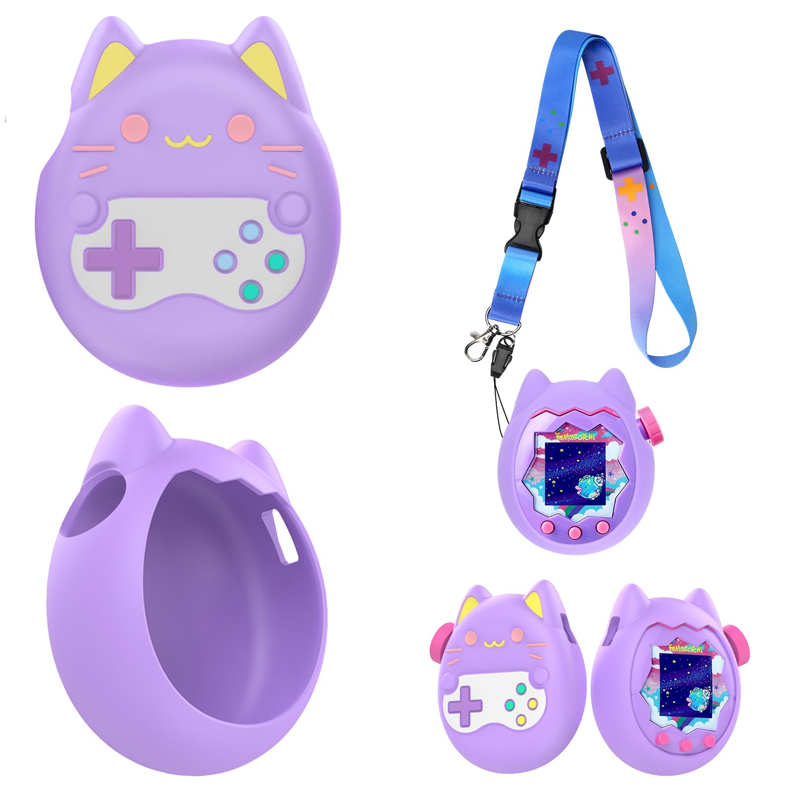 

Srelirly Tamagotchi Paradise Protective Case Cat-Shaped Waterproof Dustproof Drop-Resistant Food-Grade Safe Purple with Lanyard