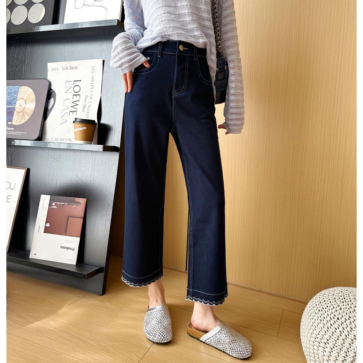 Women s High Waist Straight Leg Jeans Straight Jeans Japanese Casual Embroidered Lace Cropped Denim Pants S