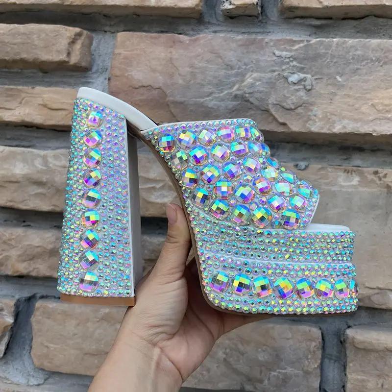 Fashion 2025 New Handmade Full Rhinestones Platform Wedges Women Slippers Sandals Fashion Summer High heels Mules Slides Chunky Shoes