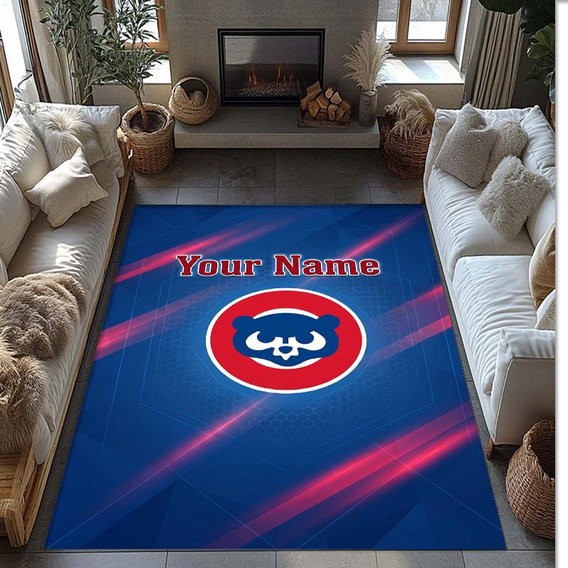 Chicago Cubs Crystal Velvet Rug, Custom Name Text Personalized Non‑Slip Floor Mat for Home Decor Gift