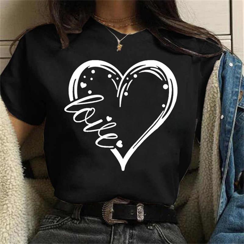 Women Short Sleeve T-shirt Butterfly Love Heart Print - Casual Graphic Tee