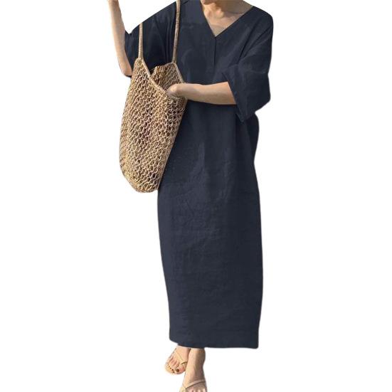 Summer Women Dress V Neck Solid Color Retro Loose Half Sleeves Plus Size Quick Dry A-line Ankle Length Casual Daily Wear Maxi Dress Vacation