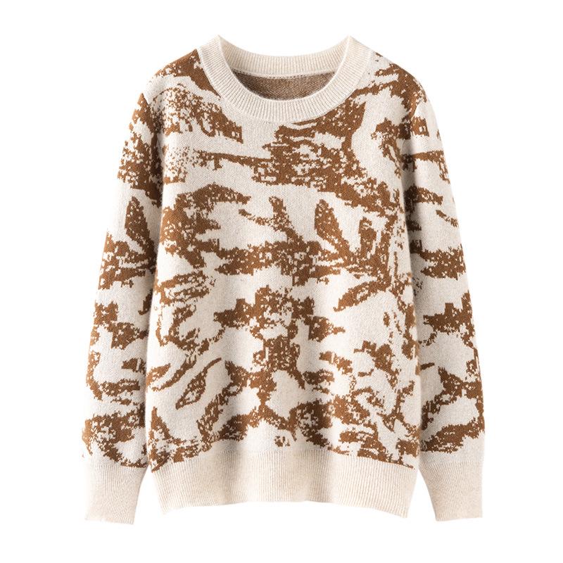 2025 Luxury Cashmere Ink Painting Women's Wool Pullover: Round Neck, Long Sleeve, Loose Fit for Autumn/Winter