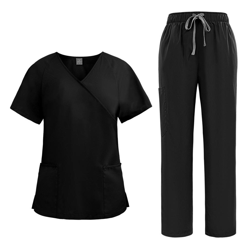 Women's Loose And Comfortable V-neck Short Sleeved Workwear With Tie Up Top And Waist Cinching Beauty Suit Set