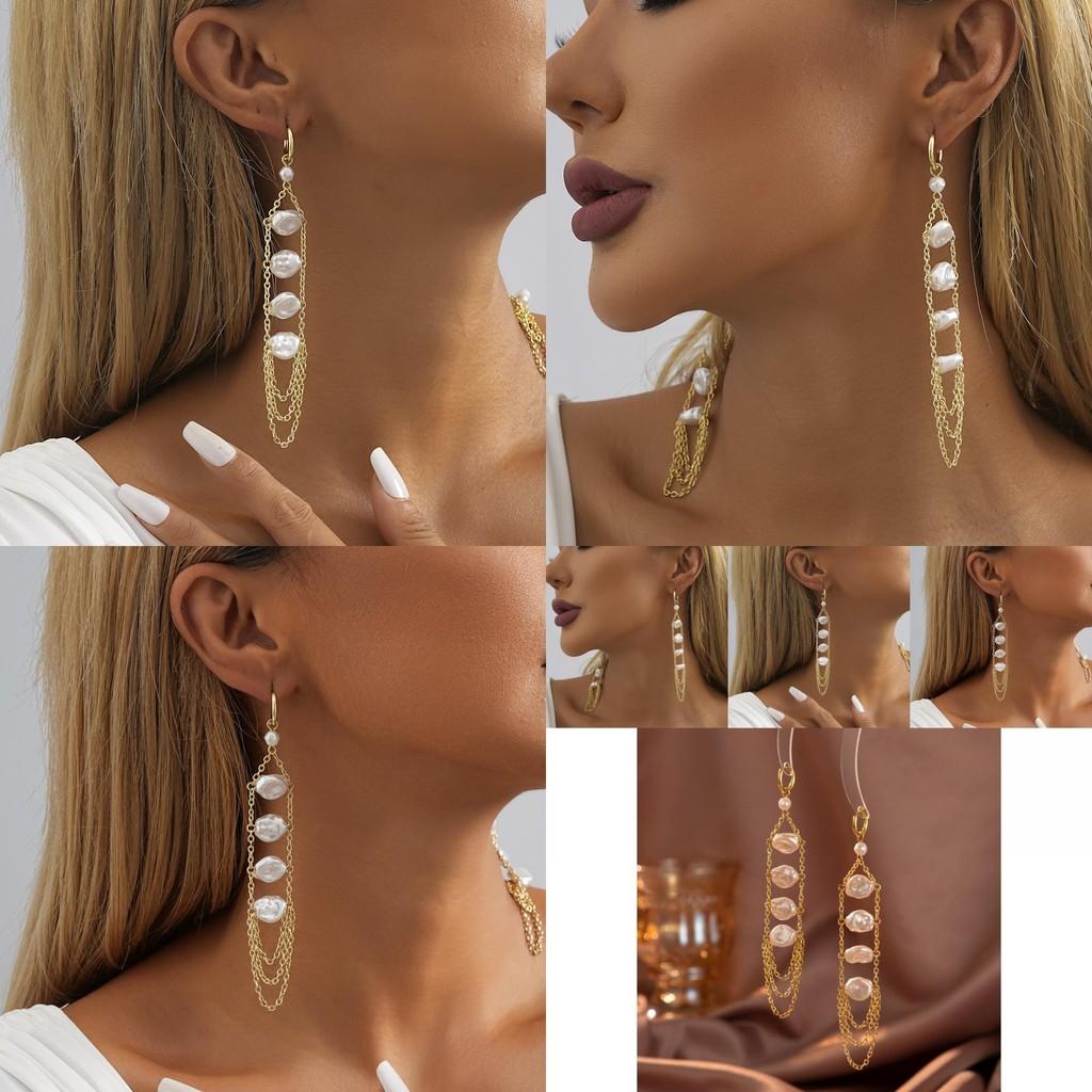 Unique Geometric Faux Pearl Pendant Earrings Stylish Chain Drop Jewelry For Women