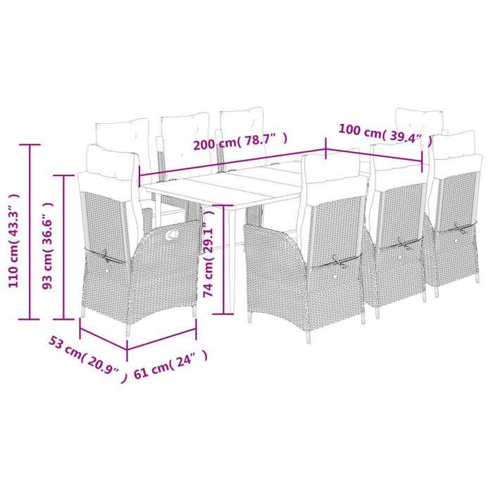VidaXL 9-Piece Garden Dining Set with Cushions, Table and Chairs with Adjustable Backrest, Outdoor Furniture, 3213398