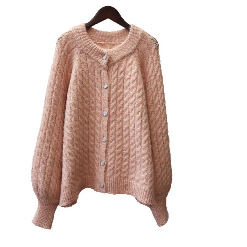 Loose and gentle wind soft waxy sweater jacket autumn and winter new twist crew neck lazy wind knitted cardigan