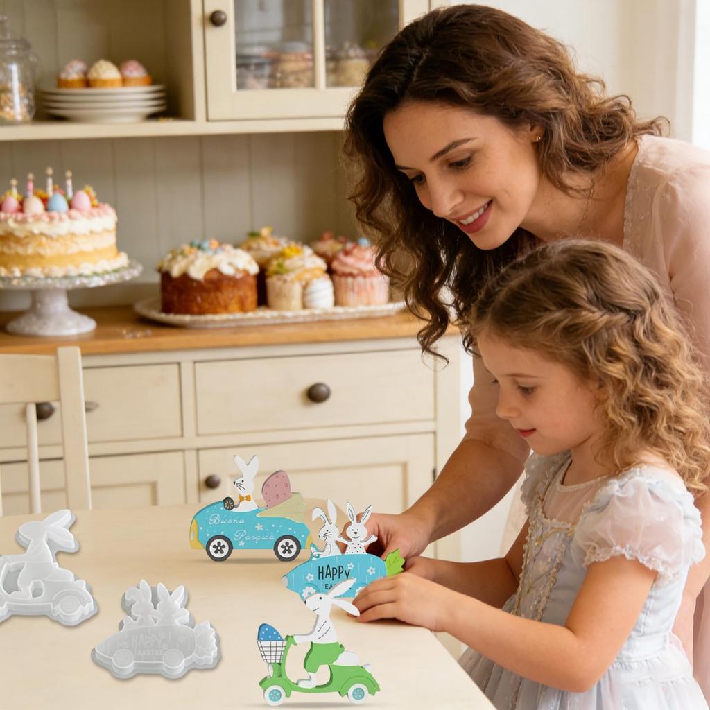 3pcs Easter Bunny Riding Gypsum Ornaments DIY Driving Bunny Aromatherapy Spring Silicone Mold Plaster Epoxy Wax Clay Craft