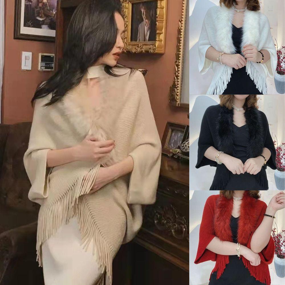 Knitted Tassel Knitting Shawl Winter Warm Plush Wraps Scarf Wedding Party Faux Fur Collar