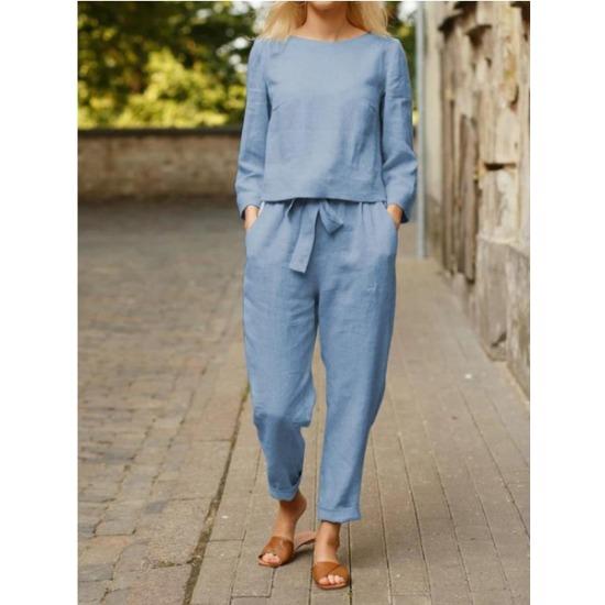 Leinen Damenmode Einfarbig Lässiges Zweiteiler-Set für Frühling und Sommer, Schlicht und Retro, Elastischer Bund mit Bindeband
