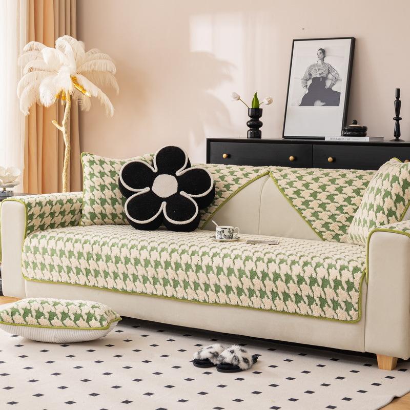 Houndstooth Plush Sofa Cushion Winter New High-end Thickened Non-slip Cushion Leather Sofa Cover Cover Cloth Towel