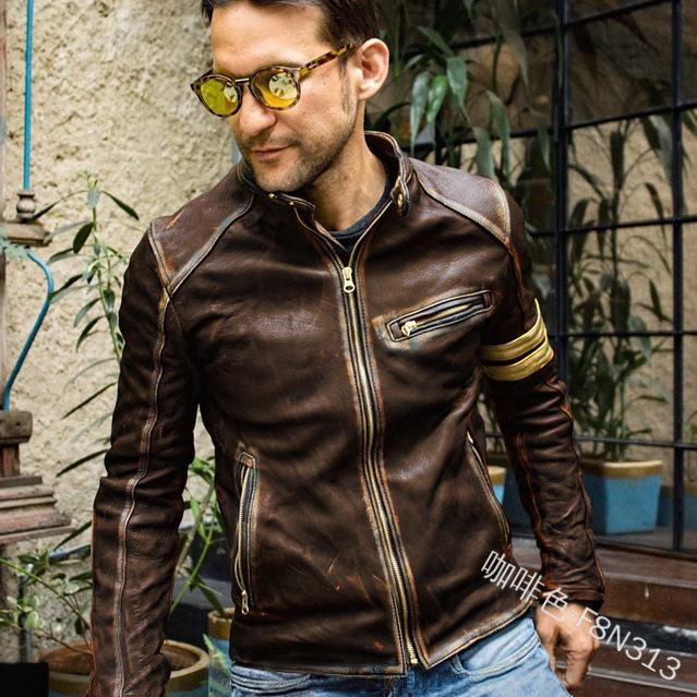 Autumn and winter new fashion slim stand-up collar locomotive leather jacket men FN