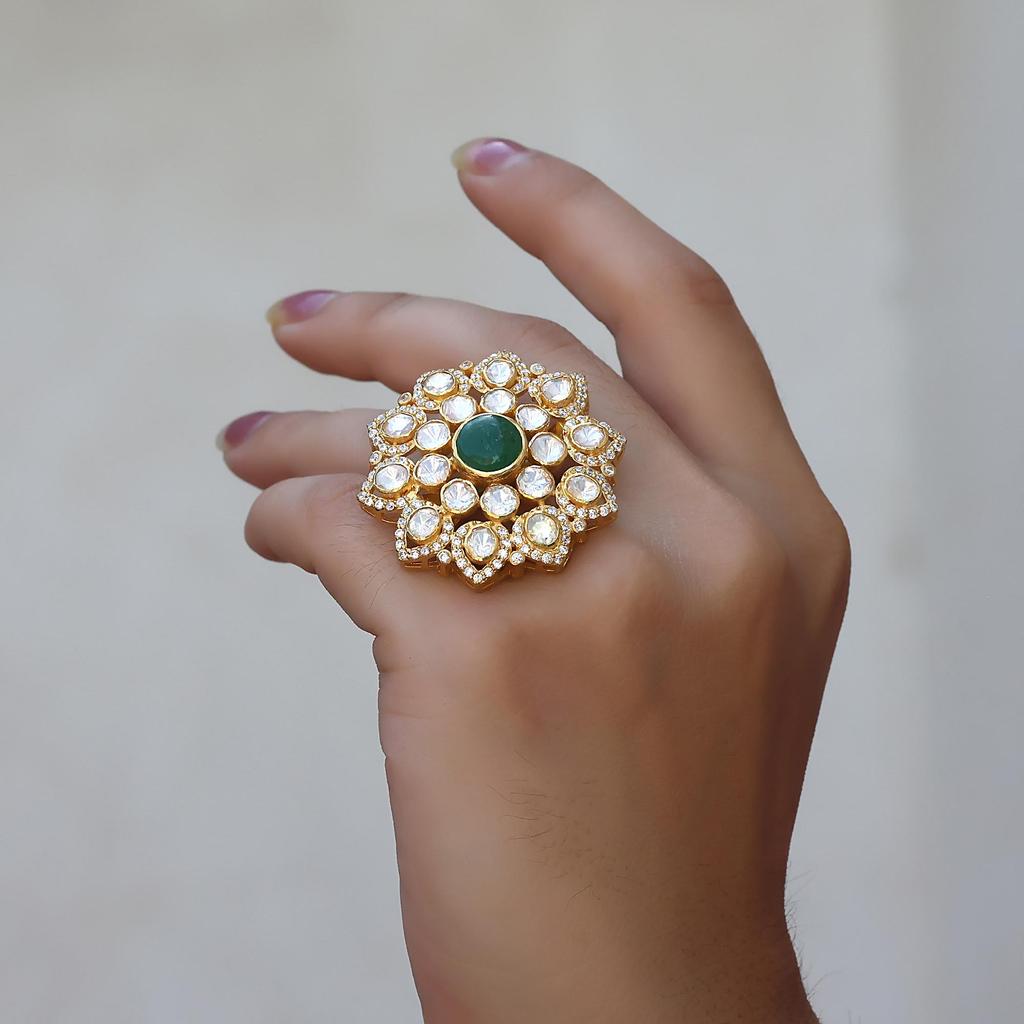 Indian Kundan Women Ring 925 Sterling Silver Handmade Jewelry, Gold Finish Kundan Ring, Statement Women ring Polki Ring, Moissanite Adjustable Ring
