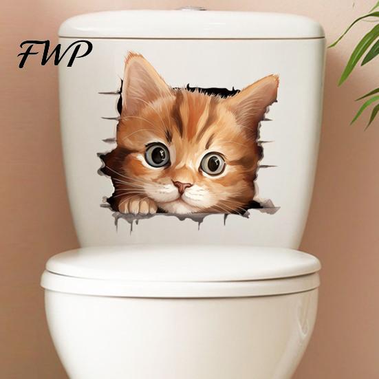 Peel Stick Toilet Decal Broken Wall Cat Sticker, And Decor Easy Application Window Sticker Decal, Removable Waterproof PVC Lid for Bathroom