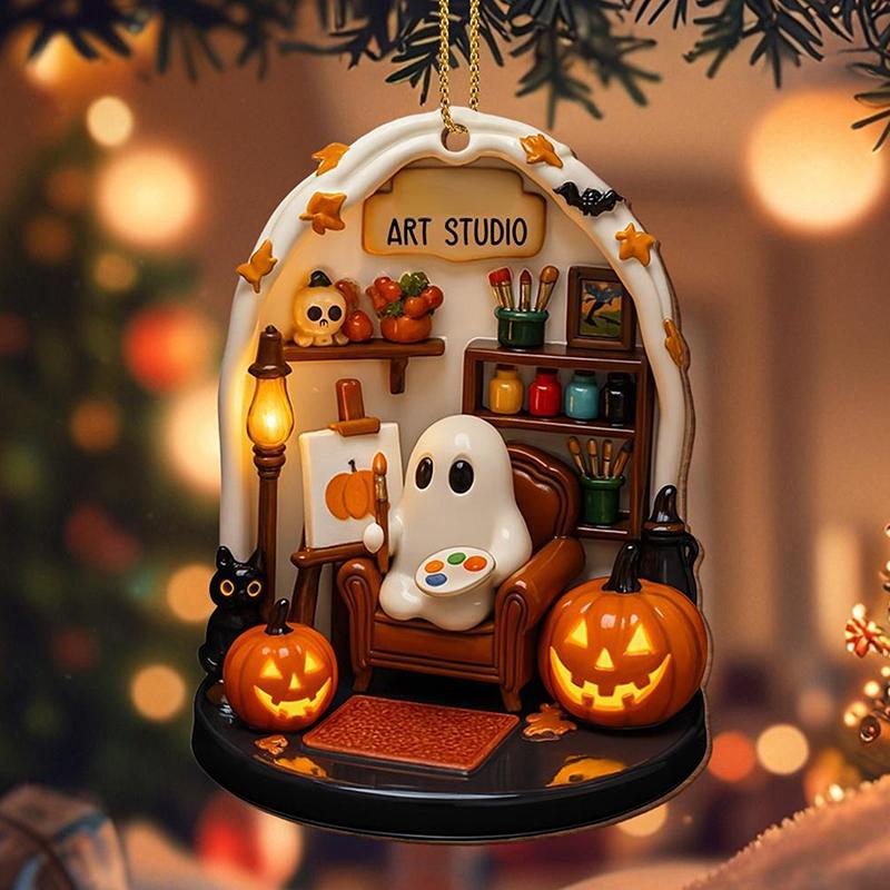 Cute Reading Ghost Halloween Ghost Ornaments 2D Flat Acrylic Pendant Halloween Hanging Home Decor