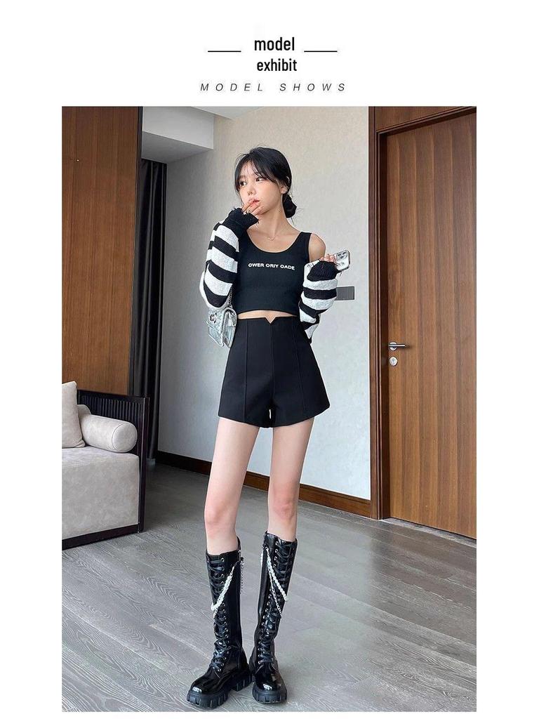 Black Women's High-Waisted A-Line Shorts - 2026 Trendy Spring/Summer Elastic Casual Wide-Leg Hot Pants