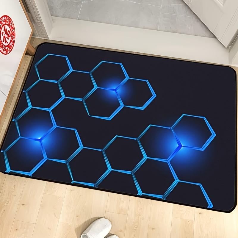 2D Flat Blue Glowing Hexagon Honeycomb Black Background Flannel Area Rug Non Slip Tech Gamer Carpet For Living Room Gaming Room