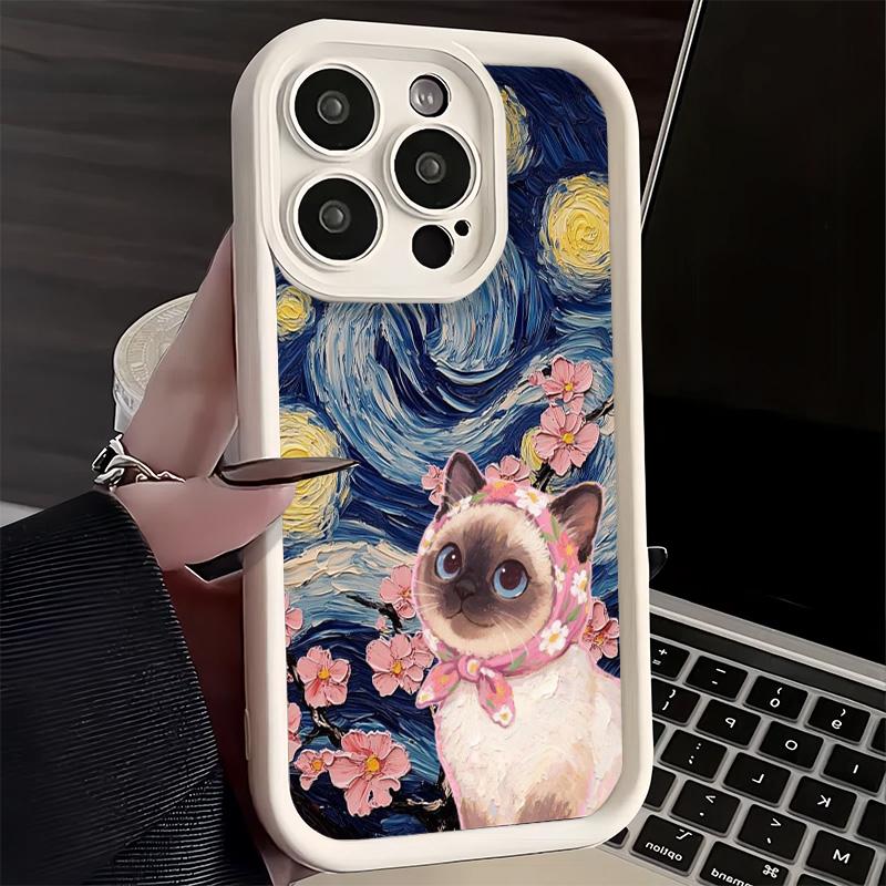 Phone Case for iPhone 17 Air 16E 15 16 Pro Max Cute Floral Headscarf Kitten Cover 14 Plus 13 12 Mini Soft Shell Silicone Fundas