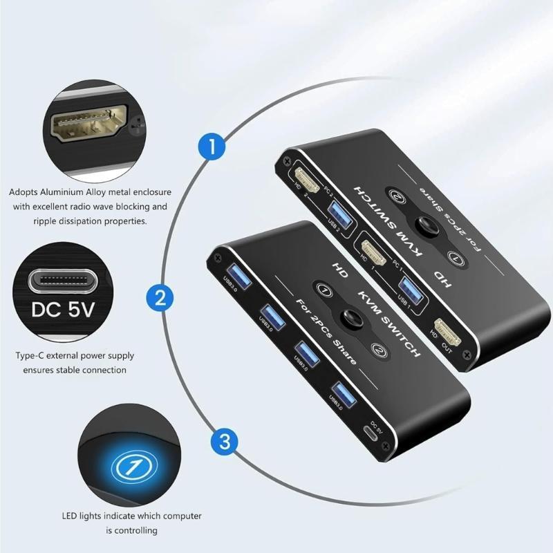 KVM Switcher HDTV-compatible 4K60Hz for Smooth Switching Between 2 Computers Sharing 1 Screen and USB3.0 Devices