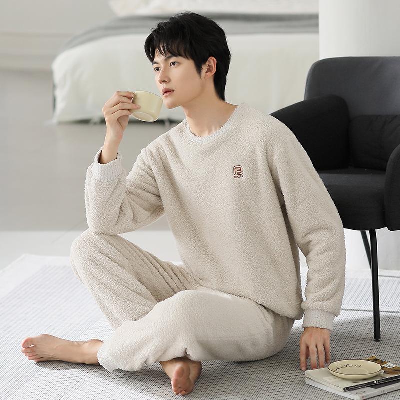 Half Fleece Pajamas Men'S Winter Coral Fleece Thickened Fleece Autumn And Winter Thermal Loungewear Set