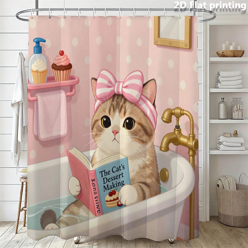 Cute Cat Reading In Bathtub Shower Curtain Waterproof Moisture Proof Privacy Protection Print Pink Polka Dot Design Elevatespace