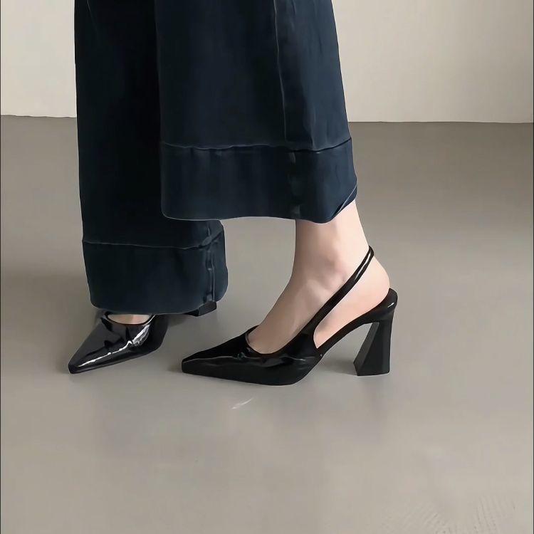 High sense fashion black thick heel bag head sandals femininity high heels back strap pointed tip beautiful fashion shoes