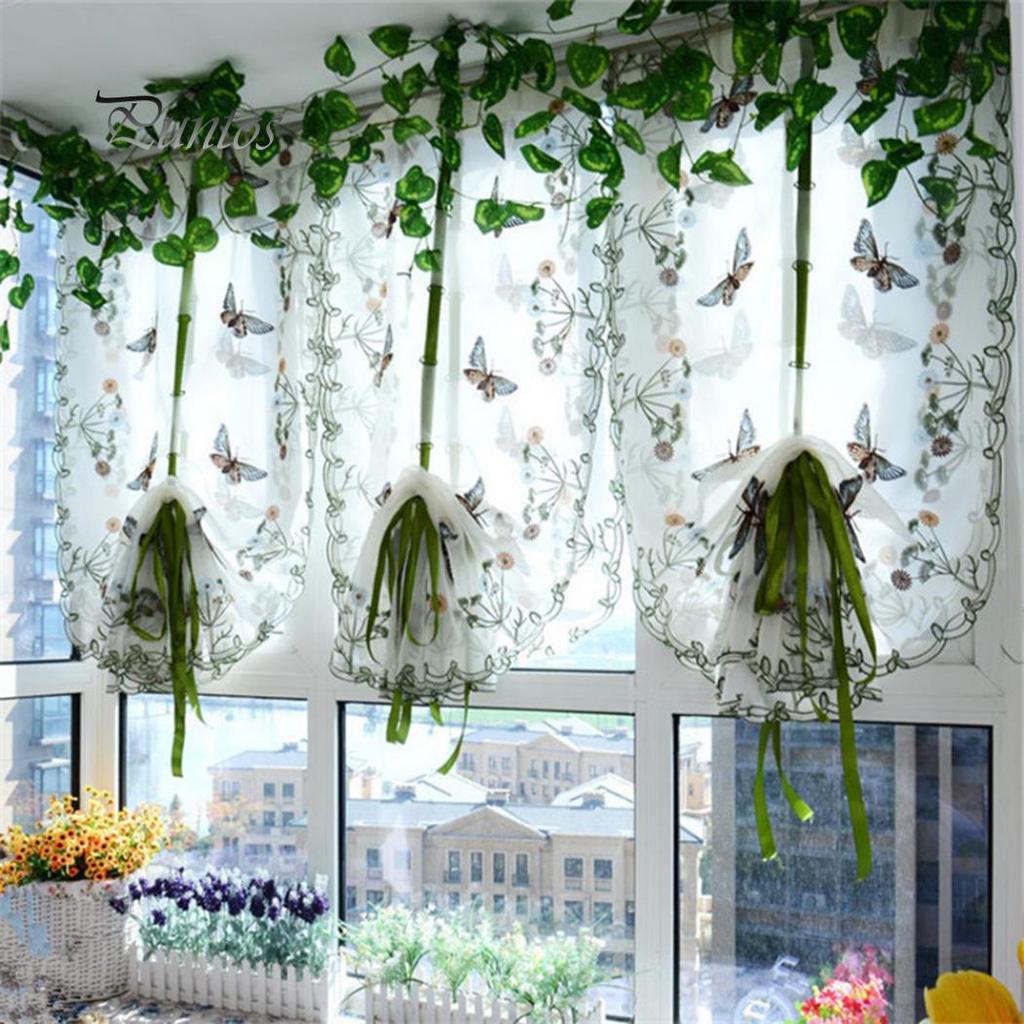 Home Decor Bedroom Decor Rural Butterfly Flower Embroidered Window Curtain Sheer Drape