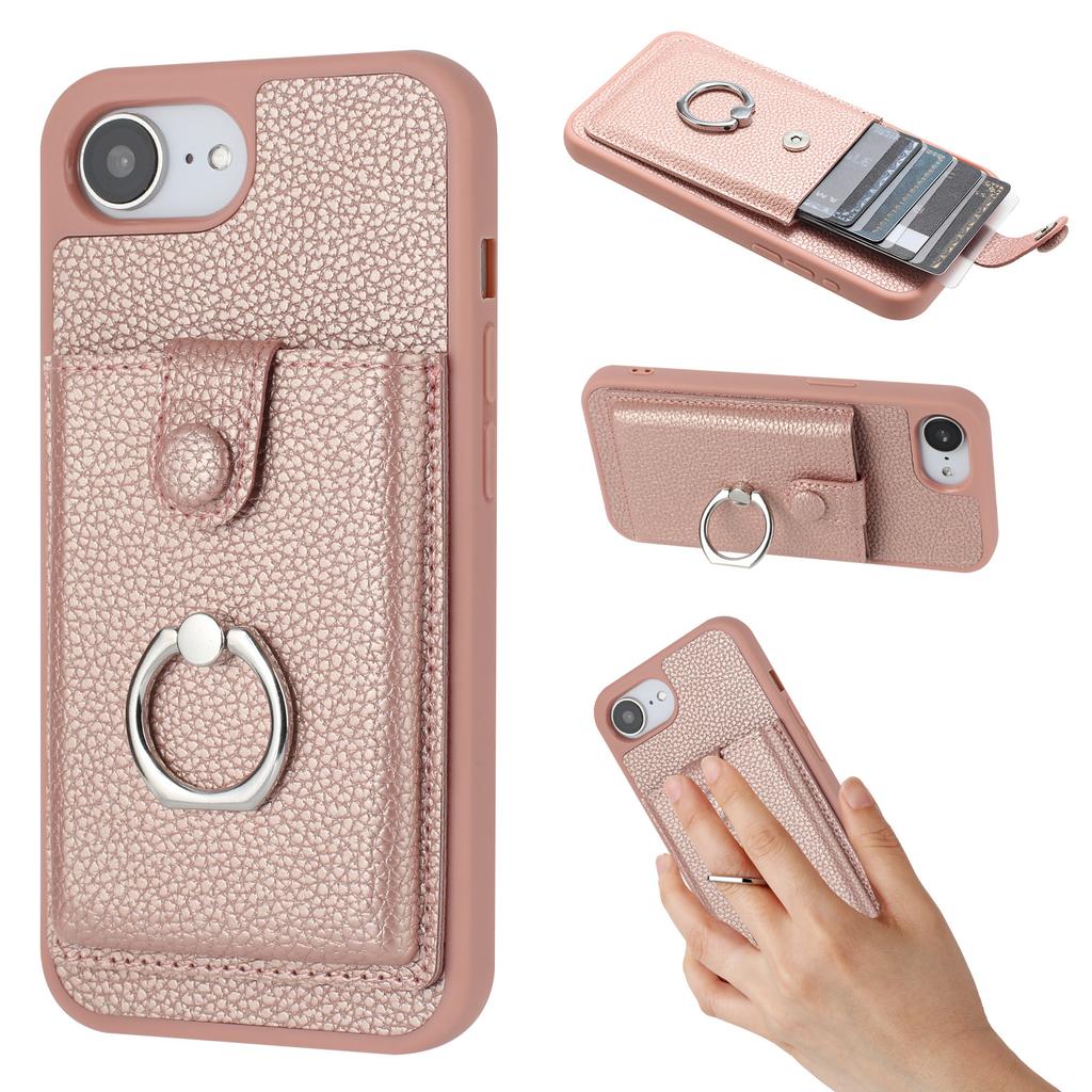 For iPhone 16e Case with Ring Kickstand Drawing Type Card Slots Leather Back Cover
