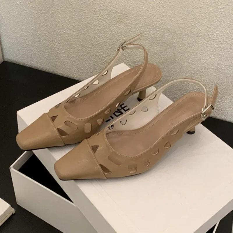 Fashion Comfort Hollow High Heeled Sandals Women Fashion Square Toe Buckle Kitten Heel Brand Designer Shoes Elegant Outdoor Office Shoes
