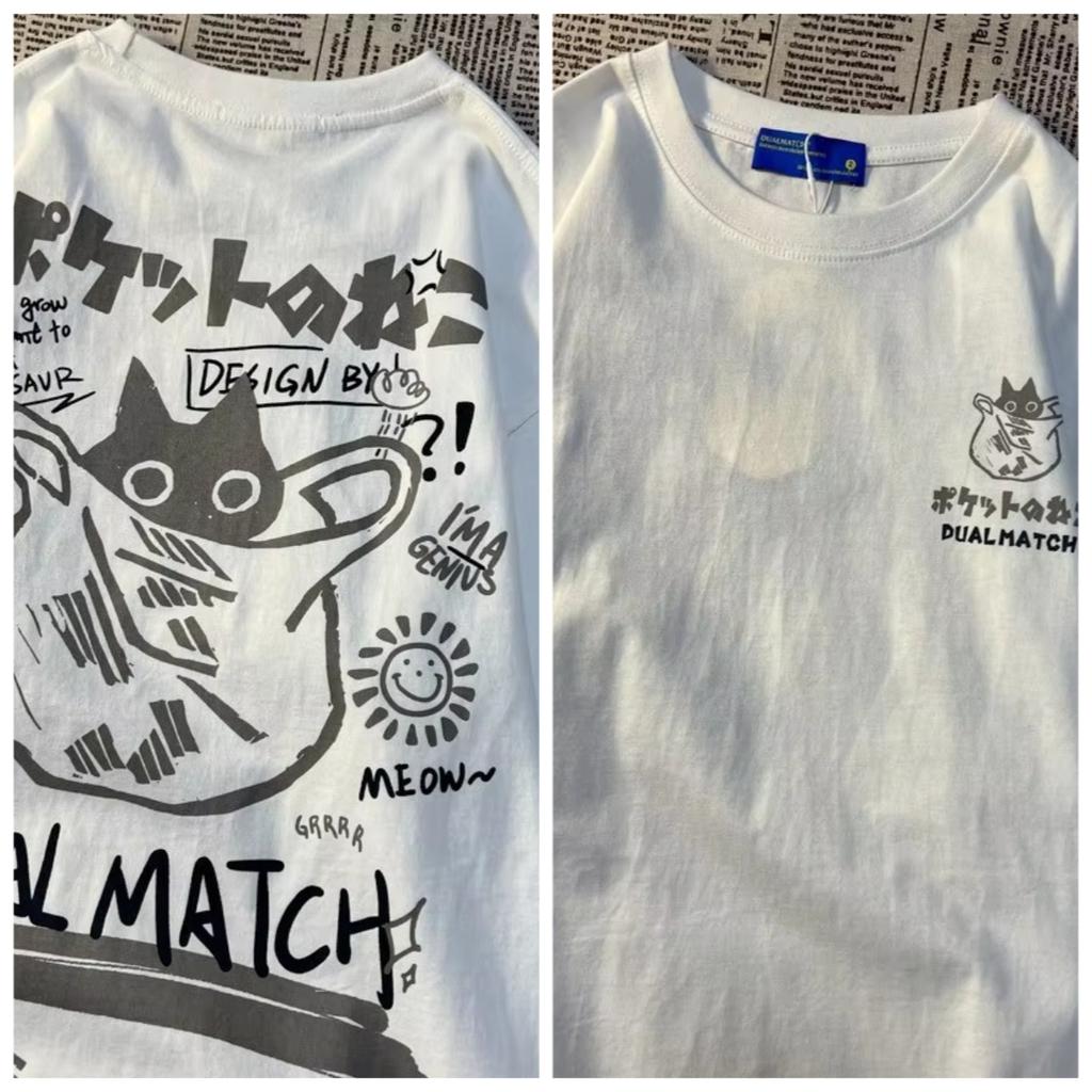 Summer Japanese Retro Pocket Cat Cartoon Printed Short Sleeve Tshirt Male Female Couples Unisex College Style Oversized Top