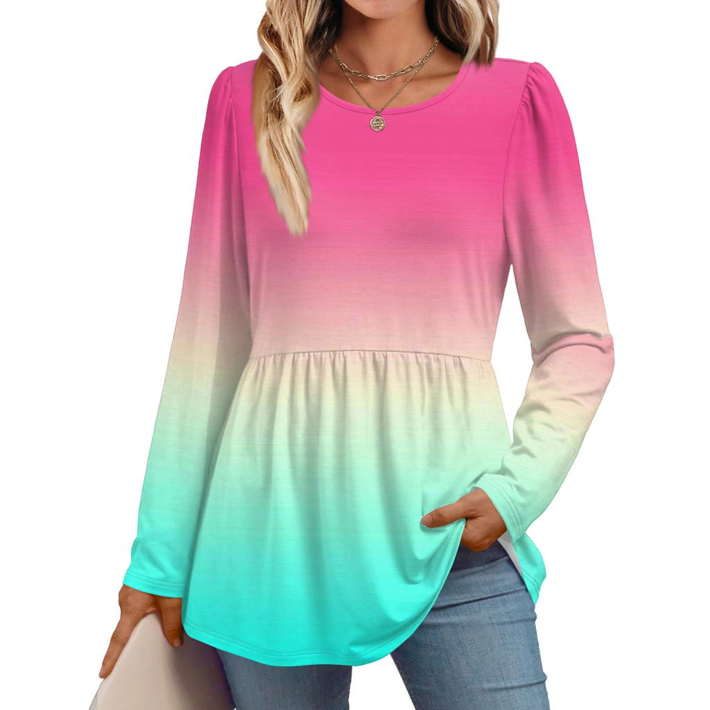 Women's Casual Fashion Long Sleeve Shirt Gradient Tunic Top
