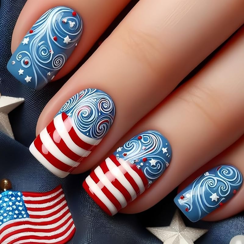 4th of July Independence Day Press on Nails Medium Square Red White Stripes Design July 4th Press Ons Fake Nail Full Cover Stars Patriotic Artificial Stars Stripes