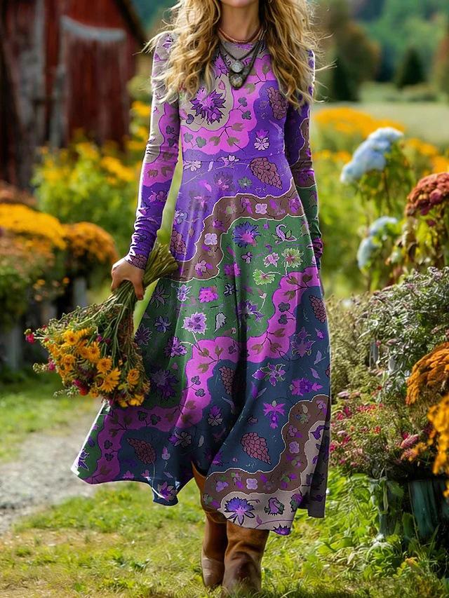 Women's Mid-Length Bohemian Retro Print A-line Dress for Holidays