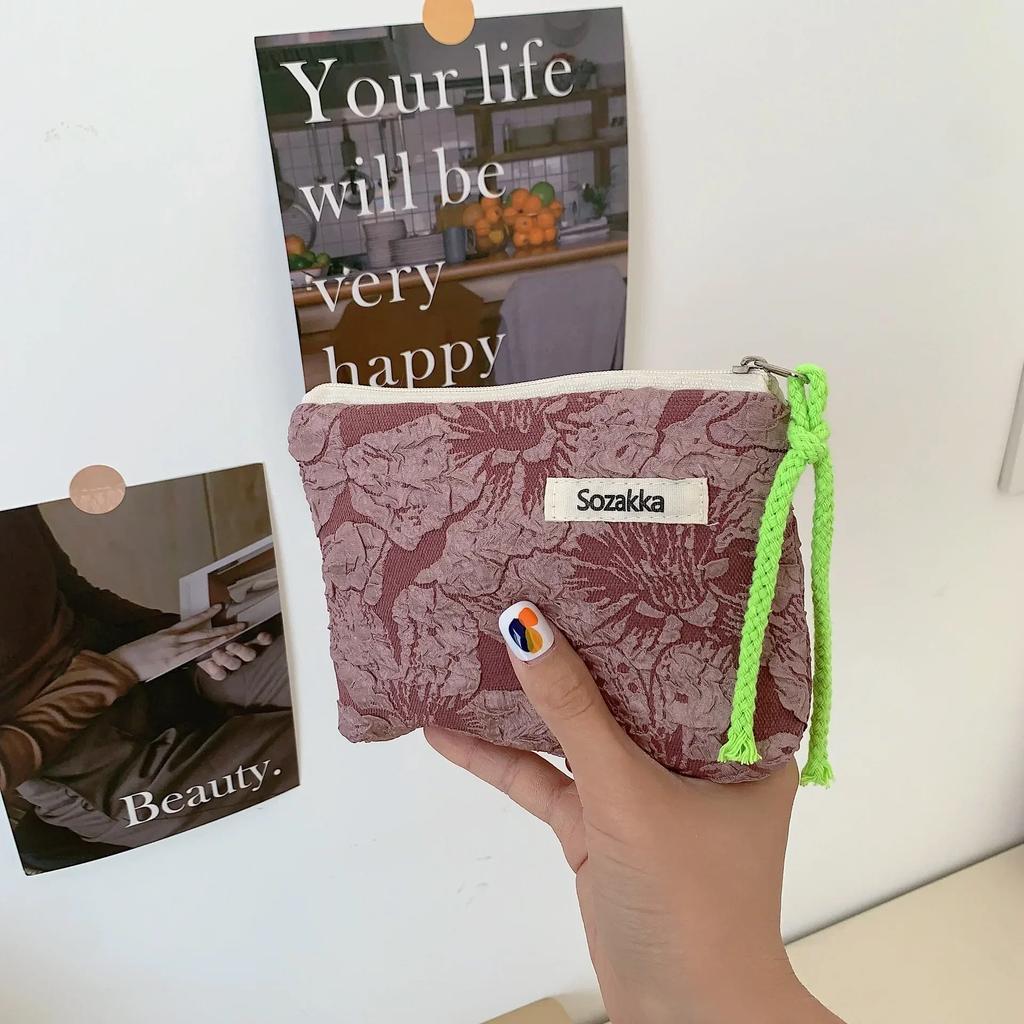 Red Green Floral Cute Women Wallet Mini Clutch Purse Coin Purse Cotton Bag Fresh Cute Card Bag Sanitary Napkins Bag Earphone Bag