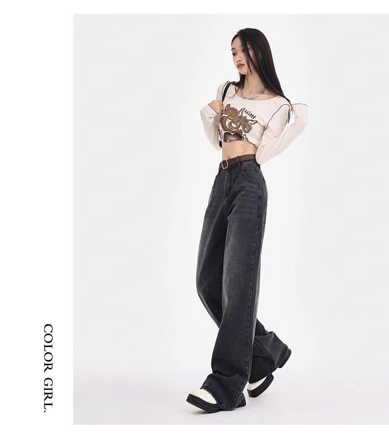 Women's High-Waisted Black-Gray Straight-Leg Jeans - Loose Slimming Wide-Leg Pants for Spring & Autumn 2025