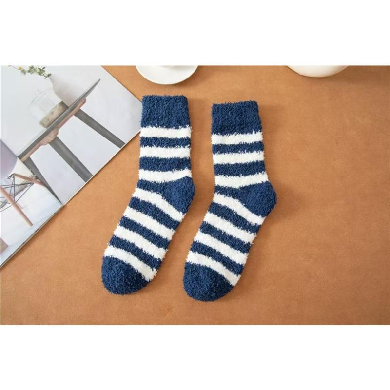 Coral Wool Socks - Men's Striped Half-wool Mid-calf Socks - Non-shedding, Thick and Warm Floor Socks, Home Wear Socks, with Added Wool Padding