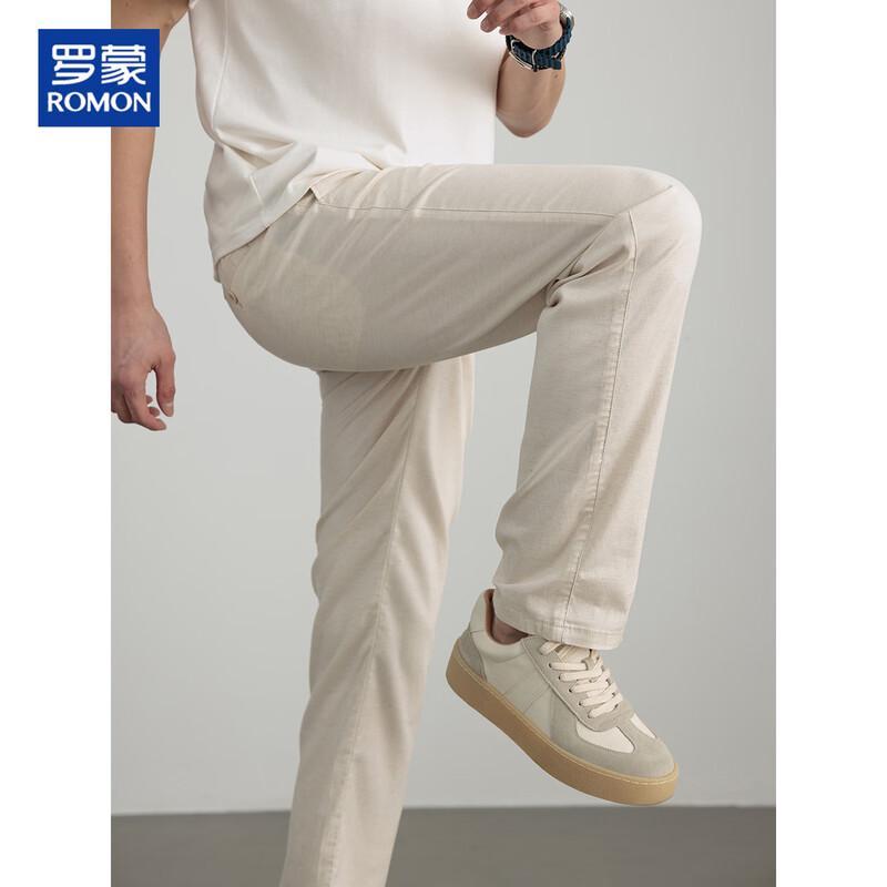 ROMON Men's Cotton-Linen Straight-Leg Casual Pants