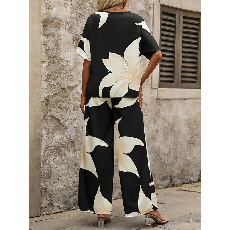 JKASHDK Women's Fashion Casual Summer Spring Flower Pattern Print Short Sleeve V-Neck Trousers Pants Suits