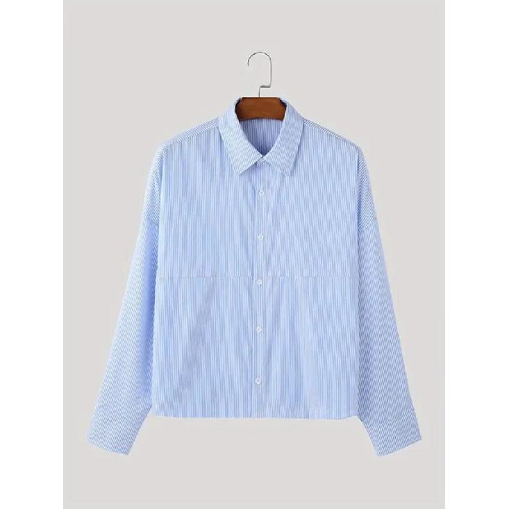 2026 New Men s Fashion Turn-down Collar Vertical Striped Loose Long Sleeve Shirt S синий