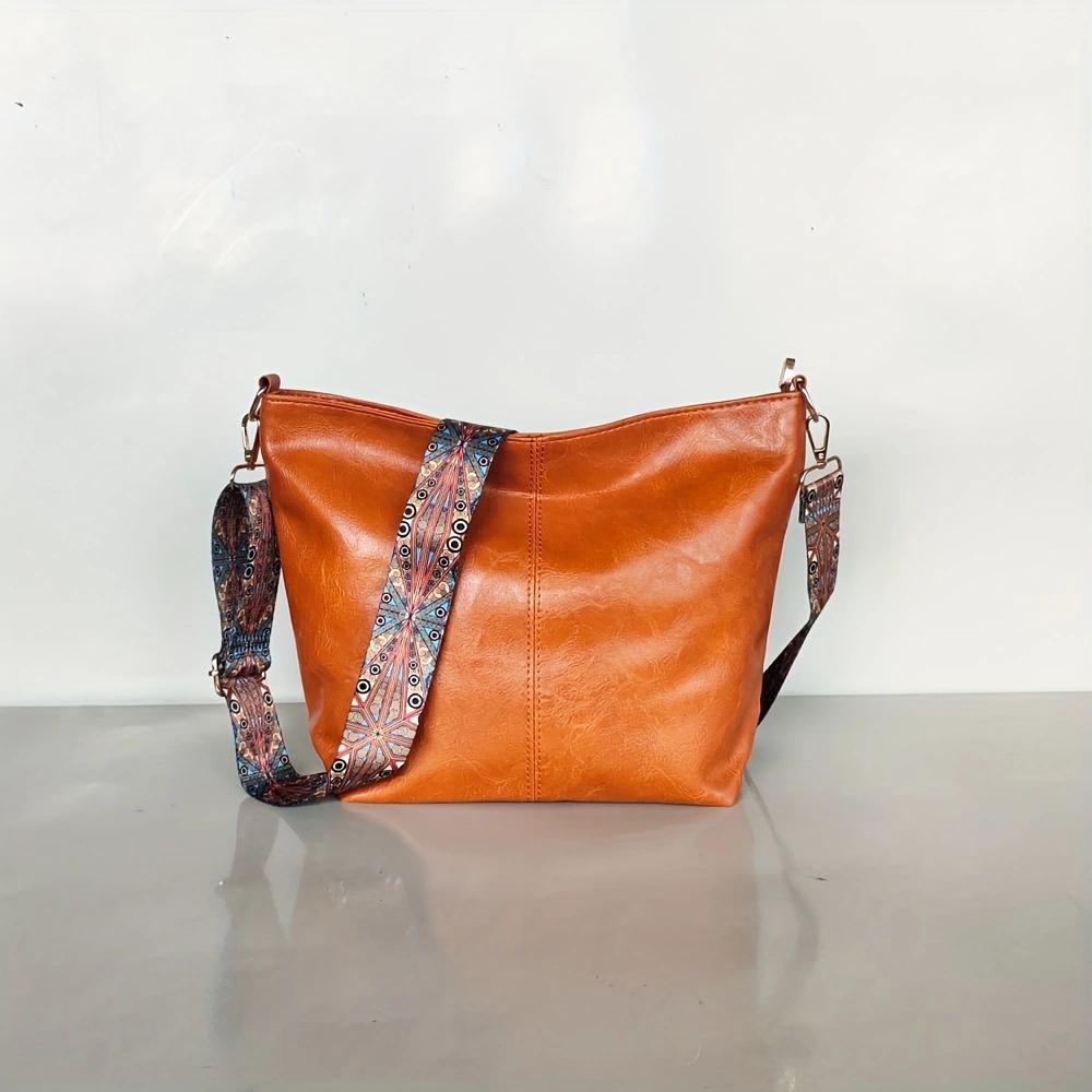 Fashionable wide shoulder strap shoulder bag, retro PU leather women's crossbody bag, casual bucket bag