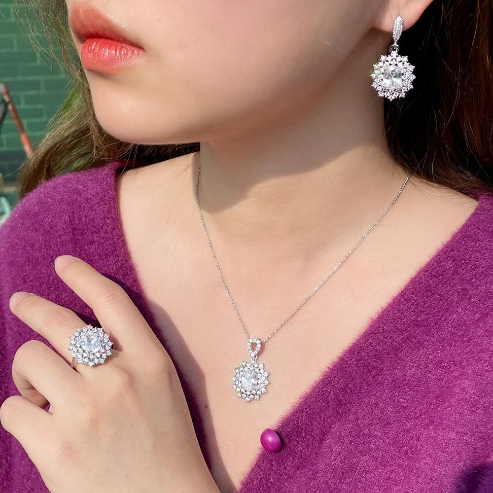 Necklace, Earrings, Ring, Ruby Three-Piece Chain, Micro-Zircon Popular Jewelry.