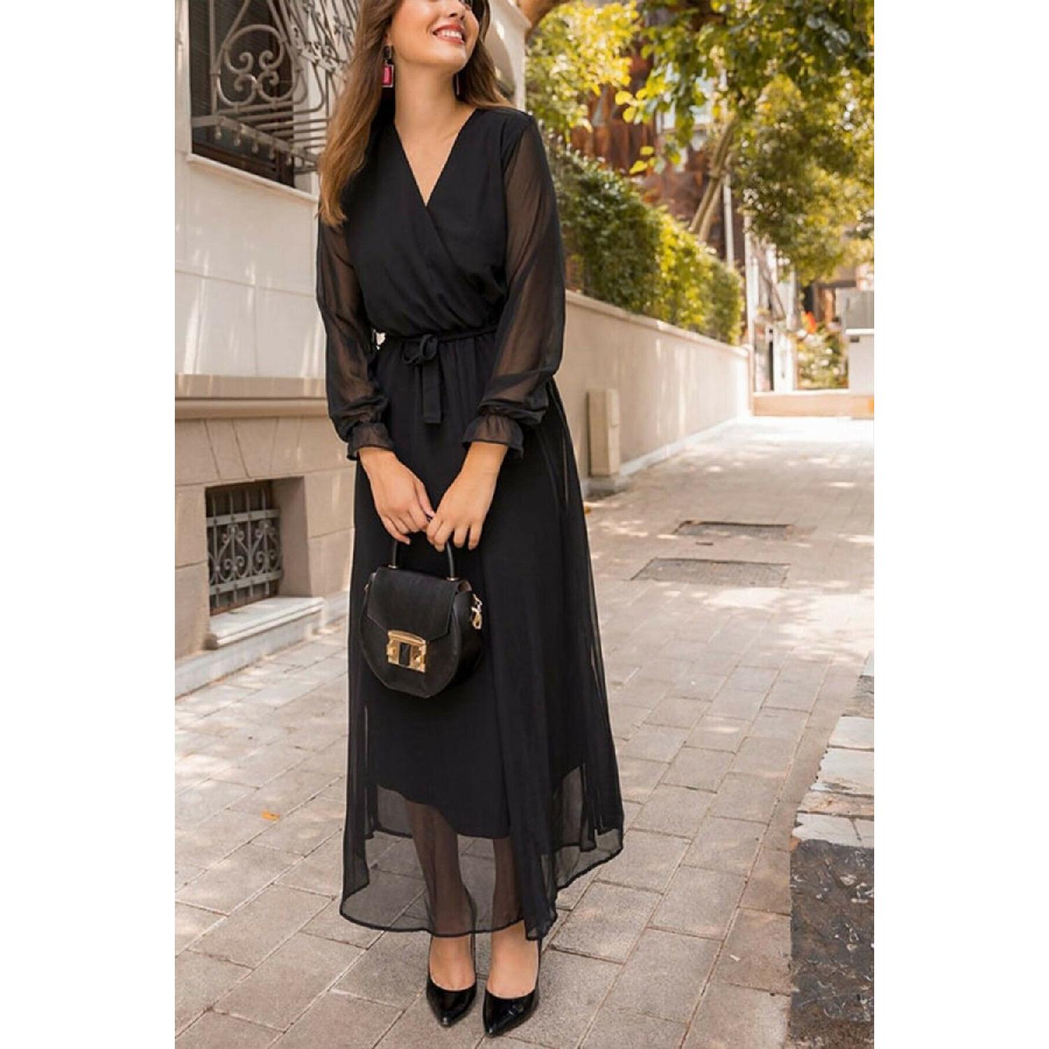 

Длинное прямое шифоновое двубортное платье черного цвета S чёрный