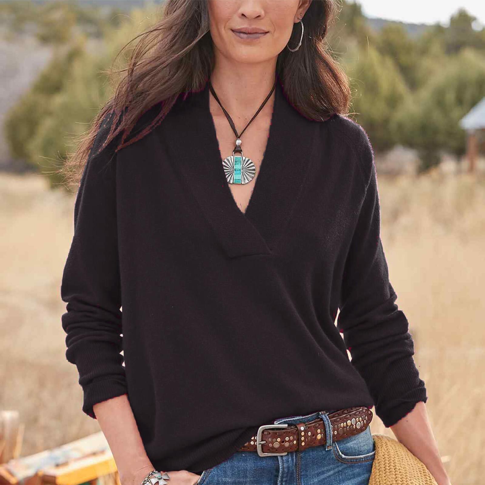 

Fashion Women s V Neck Pullover Solid Color Loose Casual Long Sleeved Tops XXXL чорний