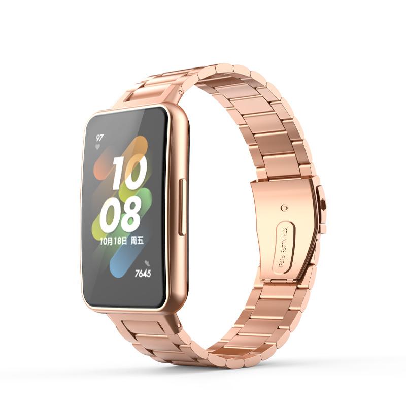 

For Huawei Band 7 Three Beads Stainless Steel Anti-scratch Smart Watch Band Replacement Wrist Strap Rose Gold