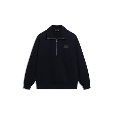 Li-Ning Sports Fashion Series Solid Color Letter Logo Embroidery Polo Pullover Long Sleeve Sweatshirt Unisex Tops Black AWDT589-2