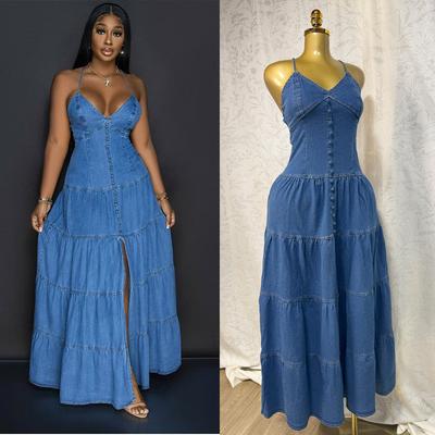 Robe longue en jean à volants pour femme avec décolleté plongeant