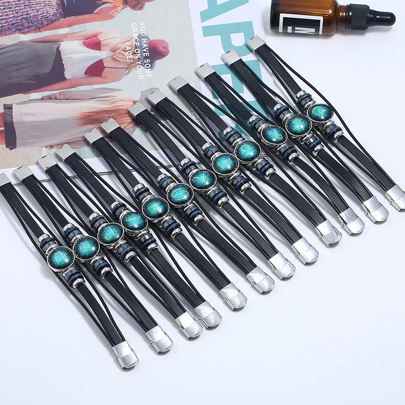 Multi Layer Constellation Leather Bracelet 12 Zodiac Sign Adjustable Fashion Jewelry for Unisex Gift Occasion