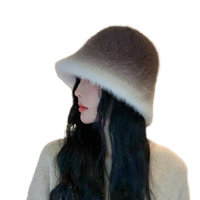 Autumn and Winter Gradually Change Color Rabbit Fur Hat Women's Advanced Sense Winter Warm Basin Hat Show Face Small Bucket Hat Tide