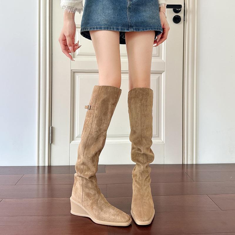 Over-knee Boots Women's Winter Fashion Boots Suede Square Head Slope Heel Piled Boots Women Commuting Two Wear Pleated Thin Boots